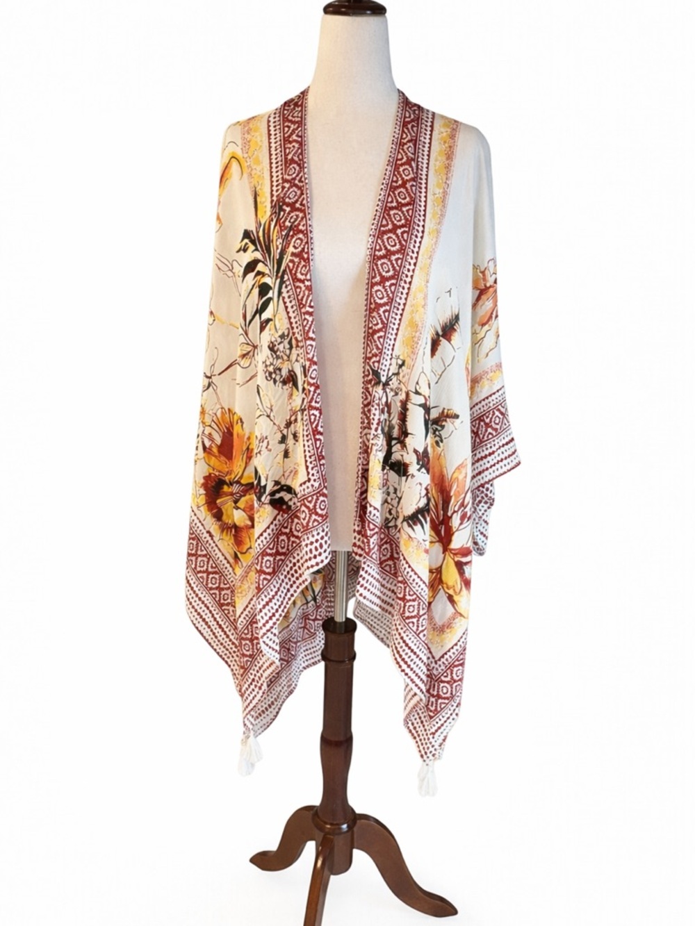 Vince Camuto Boho Floral Kimono Cardigan Tassel Hem Lightweight Open Front OS